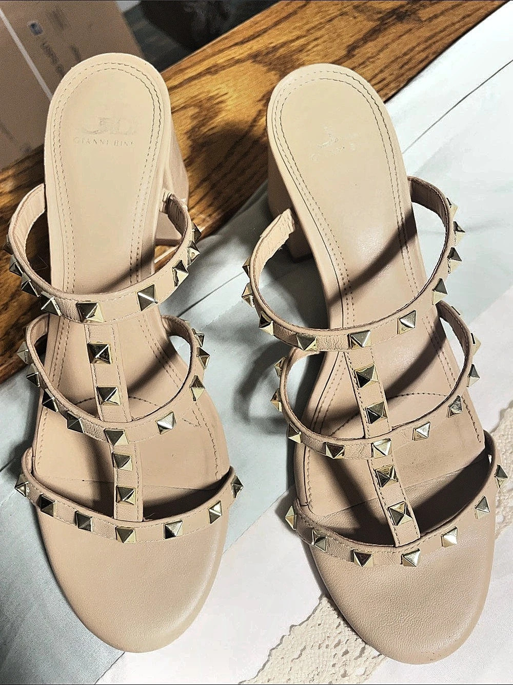 Gianni Bini Level-Uppp Studded Heeled Sandals in Pink